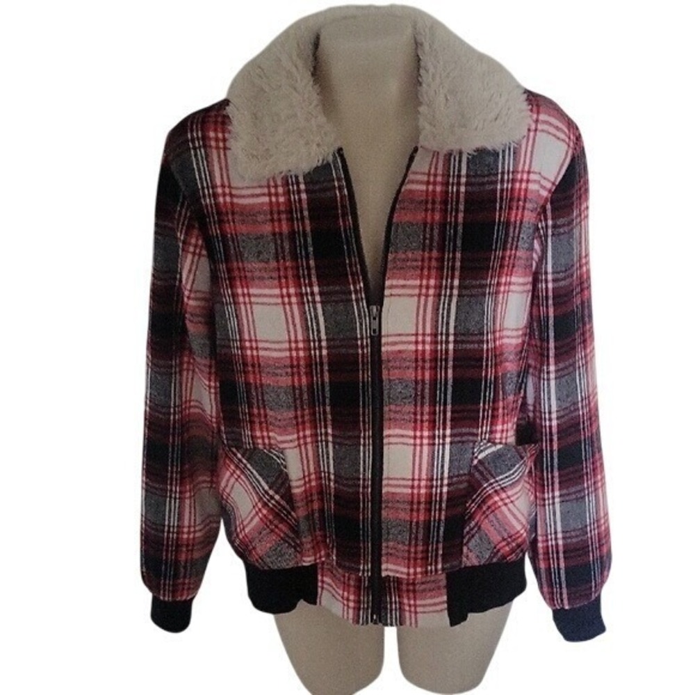 Knox Rose Plaid Bomber Jacket Red Black White Faux Fur Collar Zip Up Womens L‎